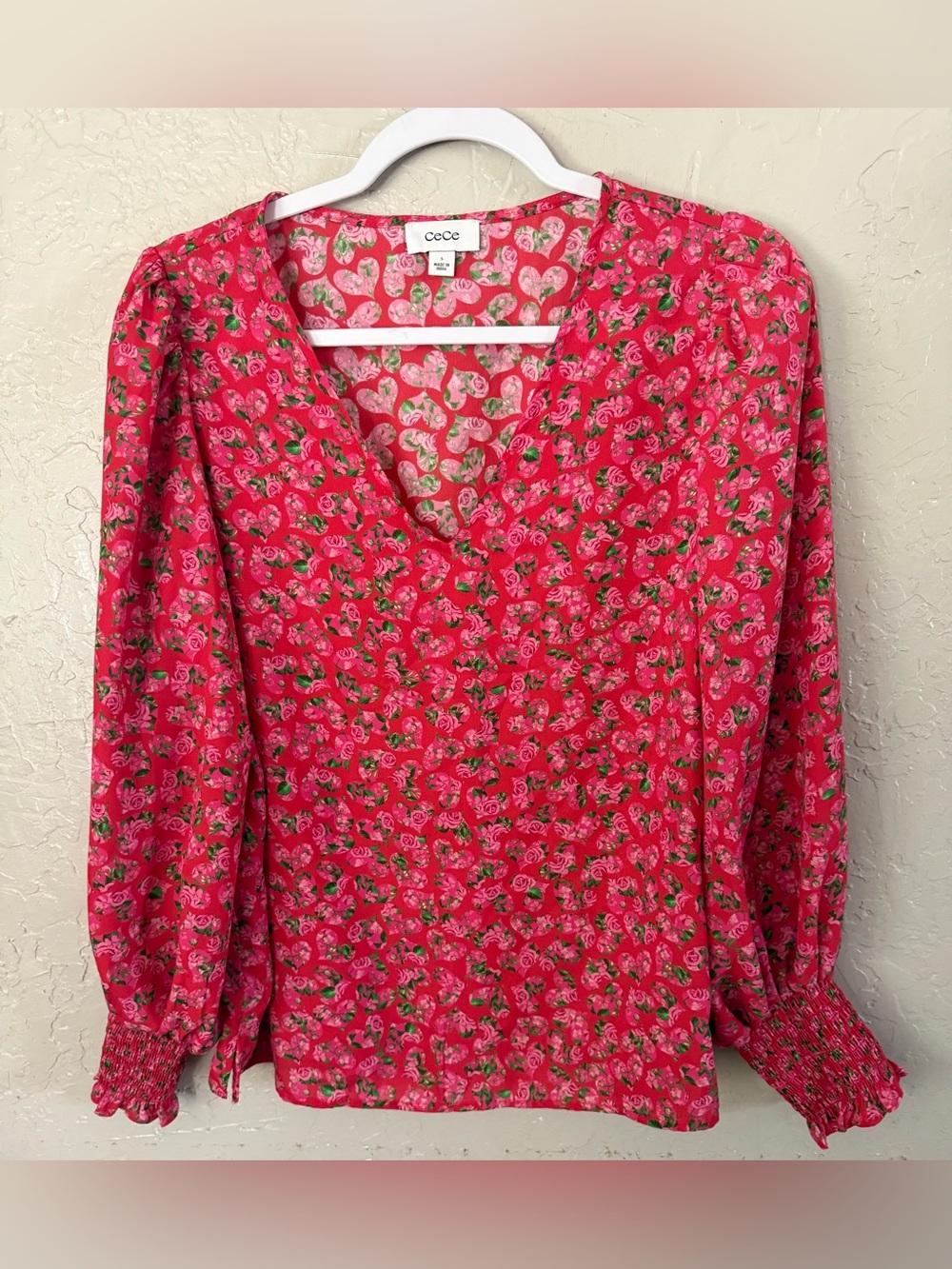 CeCe Womens Floral Heart Print V-Neck Long Puff Sleeve Smocked Pullover Blouse S